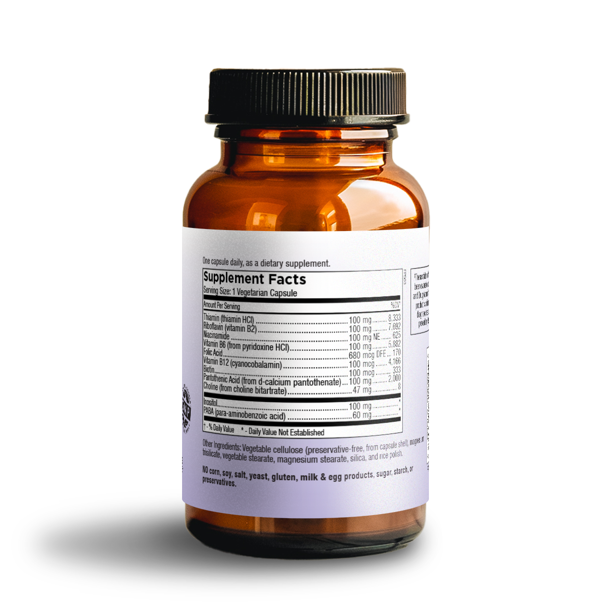 Mountain Song B-Complex 100 bottle back label with Supplement Facts and other ingredients