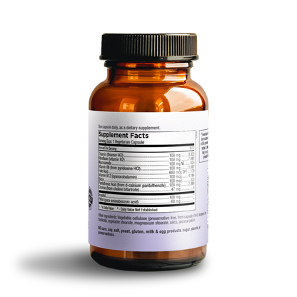 Mountain Song B-Complex 100 bottle back label with Supplement Facts and other ingredients