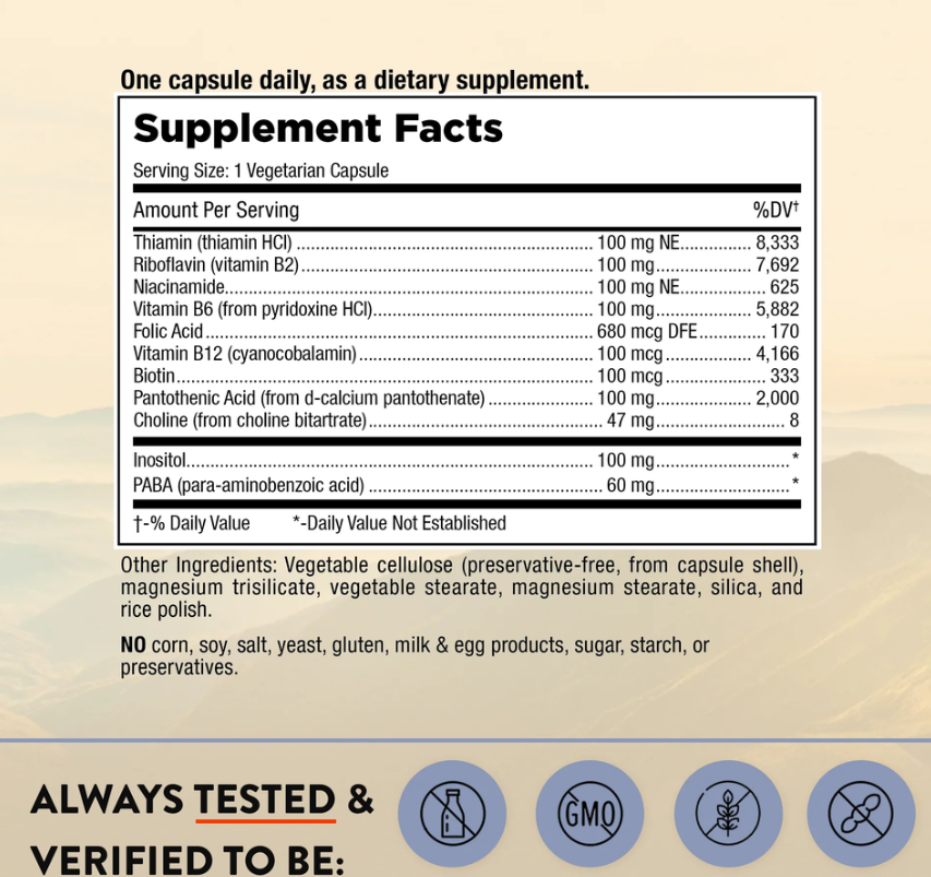 b-complex 100 supplement facts panel: b vitamins, inositol and paba per vegetarian capsule