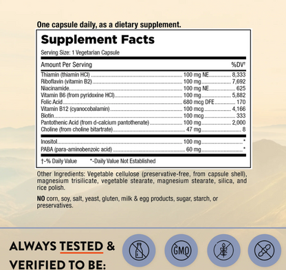 B-Complex 100 Supplement Facts panel: B vitamins, inositol and PABA per vegetarian capsule